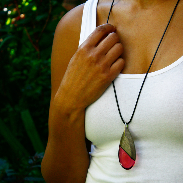 Long teardrop greywood pendant in crimson pink