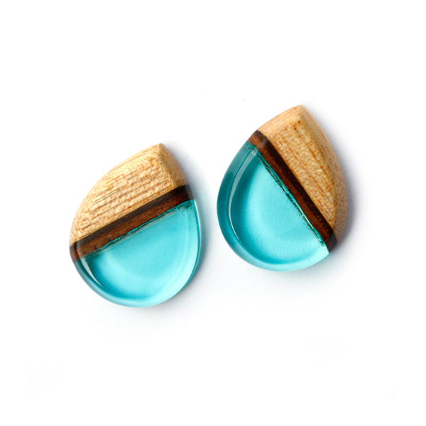 Tear drop mahogany ear studs in aqua blue